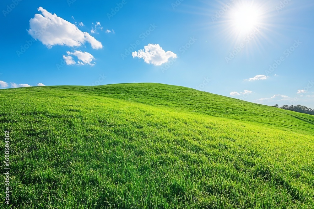Fototapeta premium Green grassy hill under bright sun with blue sky and white clouds symbolizing nature freshness freedom and peaceful landscape