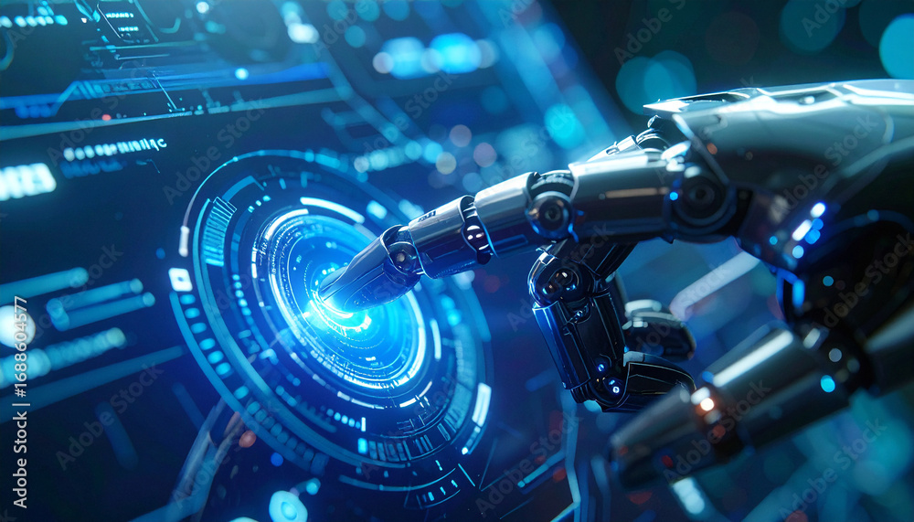 Fototapeta premium Robotic Touch of Innovation: Futuristic close-up of a robotic arm interacting with a glowing interface, symbolizing technological progress and the dawn of a new era.