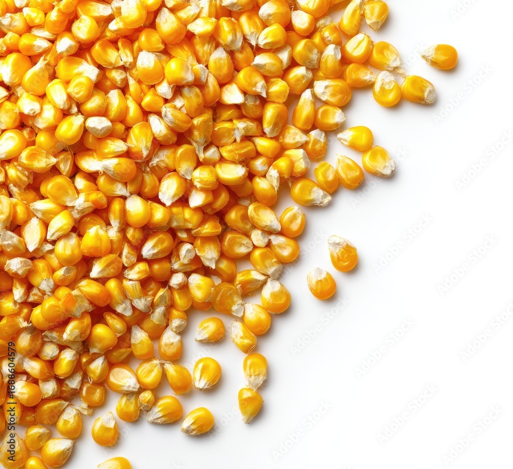 Fototapeta premium A pile of dried, golden-yellow corn kernels spills onto a pristine white background, showcasing their individual shape and texture