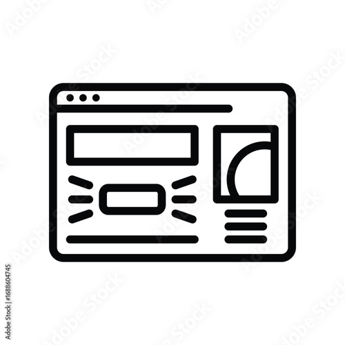 A schematic icon depicts a website layout featuring placeholders for text images and navigation in a minimalist style. Editable stroke. Vector icon illustration