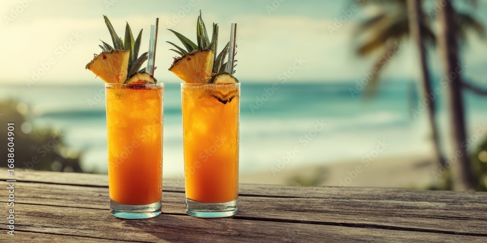 Obraz premium The Refreshing Tropical Cocktails on a Beachside Table during Sunset