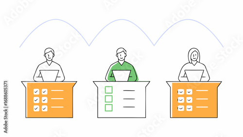 A group of three people are working on tasks, sitting at tables with checklists in front of them. Each person is focused on their task, depicted in a minimalist style and pastel colors.AI generated.
