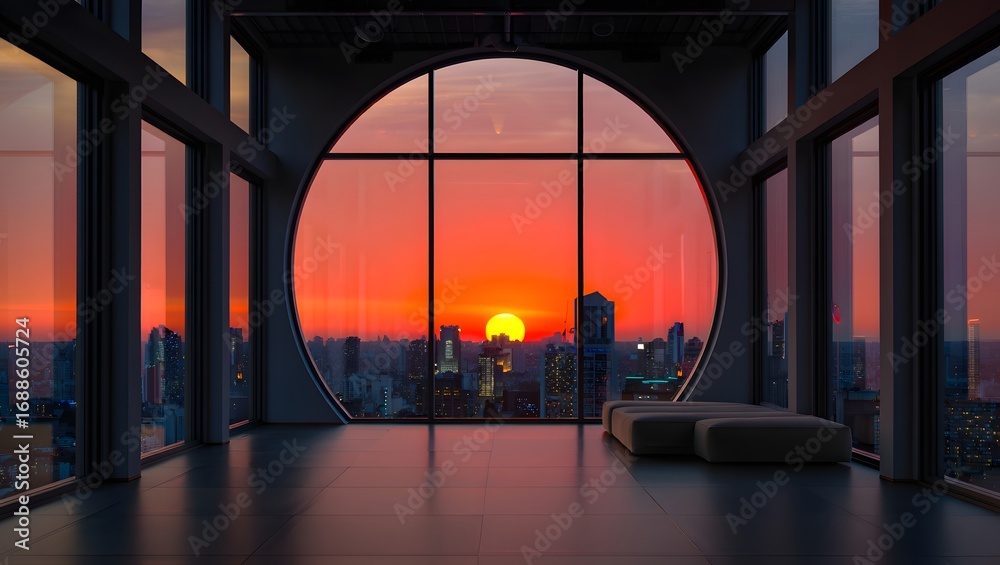 Obraz premium Sunset view from modern apartment with circular window and city skyline at dusk