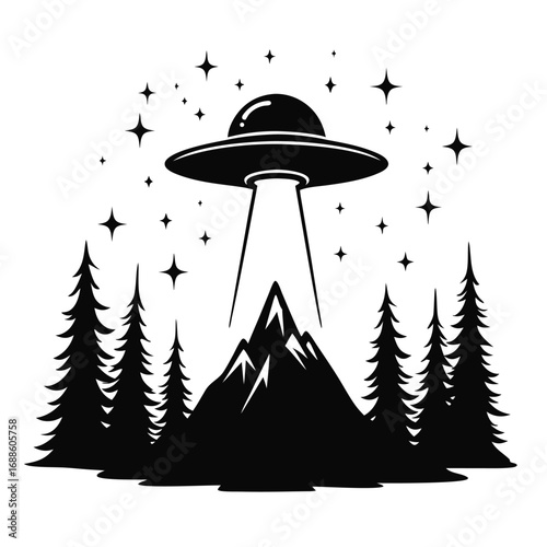Black silhouette of a flying saucer beaming light onto a mountain peak surrounded by pine trees
