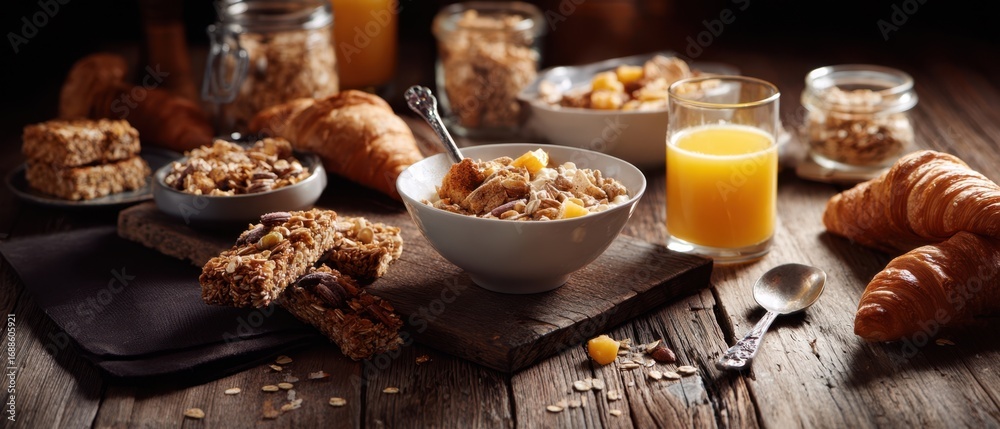 Fototapeta premium The delicious breakfast spread with cereal, fruit, and refreshing orange juice.