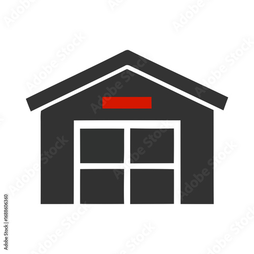 Simple dark gray garage with red sign isolated on transparent background
