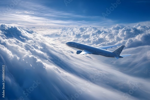 A white plane flies through fluffy clouds against a blue sky.