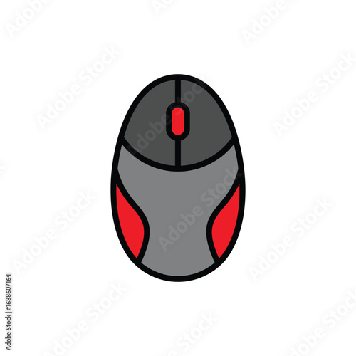 Grey computer mouse with red accents Black outline. Editable stroke. Vector icon illustration