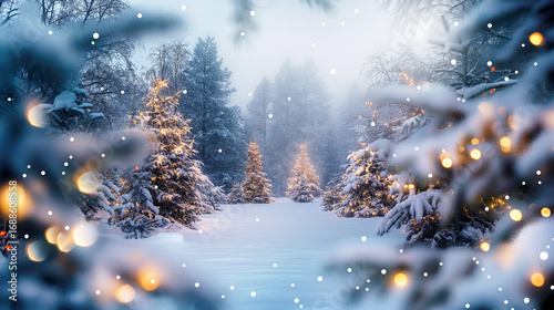 Snowy winter landscape with pine trees and Christmas lights, magical atmosphere.