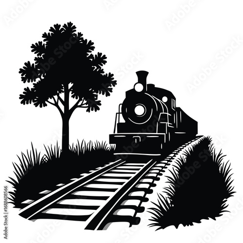 Black silhouette of a steam train on tracks with a tree 5