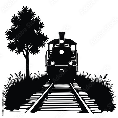 Black silhouette of a steam train on tracks with a tree and grass 1