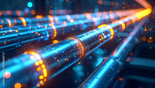Digital Data Stream: An abstract, glowing depiction of data streams flowing through sleek, cylindrical conduits, symbolizing the vibrant pulse of modern technology and information transfer.