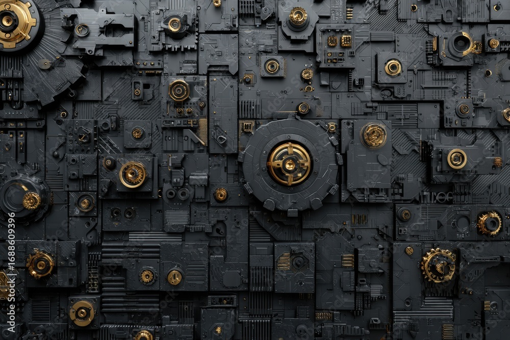 Fototapeta premium Abstract mechanical wall, dark gray and gold. Detailed, intricate, and futuristic