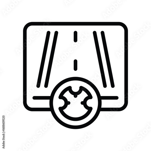 Road view in frame flanked by lane markers and a circular hazard indicator. Editable stroke. Vector icon illustration