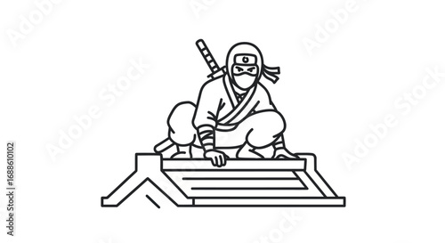 Crouching ninja with a sword on his back, a black and white line art illustration on a rooftop.