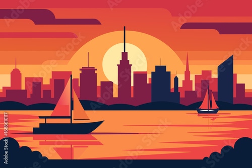 Vibrant sunset over a modern cityscape with sailing boats vector illustration