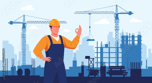 Skilled construction worker inspecting site and giving thumbs up sign of approval amidst towering cranes and building framework