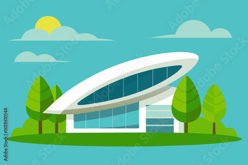 Modern architectural masterpiece in a serene minimalist landscape under a vivid sunset sky