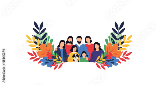 A diverse loving family portrait embraced by nature's vibrant floral decorations