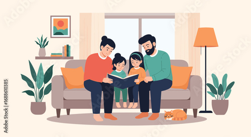 Family reading a book together on the sofa in the living room enjoying quality time