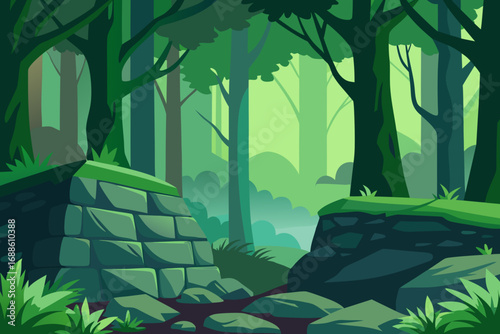 Serene forest landscape vector illustration with stone ruins and lush greenery