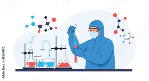 Scientist in hazmat suit conducts chemical experimentation in modern laboratory setting amidst molecular structures