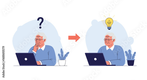 Elderly man pondering and having a bright idea while using laptop