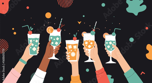 Celebrating together with tropical cocktails cheers friends enjoying party drinks