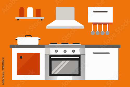 Modern kitchen scene vector illustration featuring appliances and cabinets