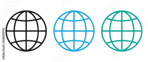 Set of Globe Icons Representing Global Connectivity, International Business, and Digital Networks