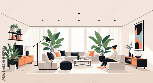 Modern living room with large windows and a woman relaxing indoors