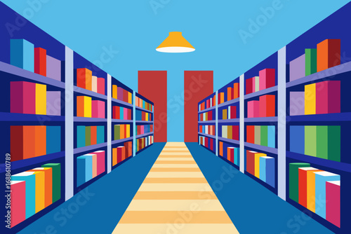 Vibrant vector library illustration with colorful books and modern architecture