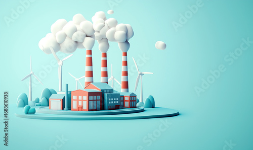 Stylized 3D illustration of a factory with striped smokestacks emitting clouds beside wind turbines, contrasting pollution and renewable energy on a minimal pastel blue background.