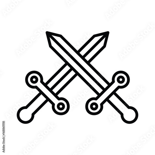 Two crossed swords with round handles blade tips at top. Editable stroke. Vector icon illustration