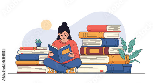 Young person enjoying reading a book surrounded by stacks of literature