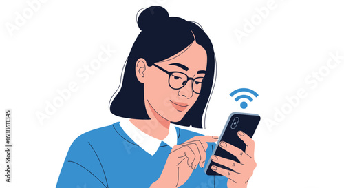 Young woman interacting with smartphone showing wireless internet connection symbol