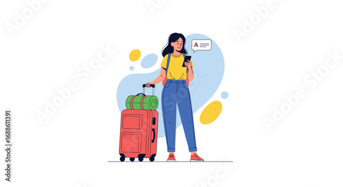 A woman with luggage standing ready for an exciting journey awaiting her arrival