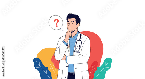 Healthcare professional doctor contemplating a diagnostic question mark concept illustration