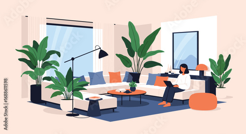 Cozy living room with a woman reading a book surrounded by many green plants