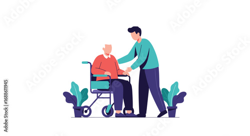 A caregiver assists an elderly person in a wheelchair with plants around them