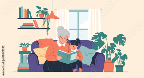 Grandmother reading a book to her granddaughter on a cozy couch surrounded by plants