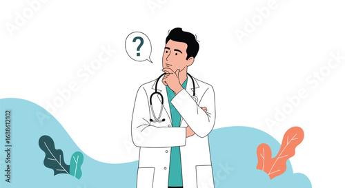 Doctor pondering medical questions and seeking solutions with thoughtful expression