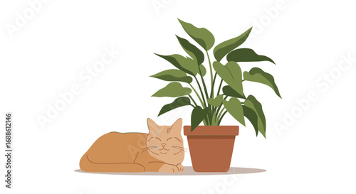 A ginger cat rests peacefully beside a lush green houseplant in a sunny room