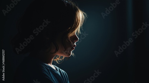 A delicate rim light gently traces the innocent profile of a young girl, creating a soft halo in the darkness. This intimate portrait captures the quiet, contemplative world of a child.