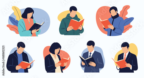 Diverse group of people enjoying books outdoors illustration for learning and knowledge
