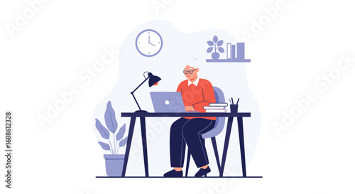 An elderly person sits at a desk using a laptop computer and working from home