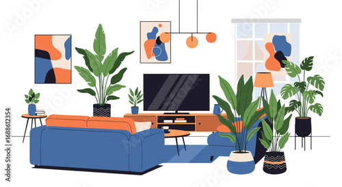 Modern apartment living room interior design with colorful artwork and abundant greenery