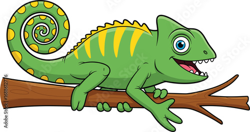 Cute cartoon green chameleon with yellow spots climbing on brown tree branch, smiling lizard vector illustration for kids design.
