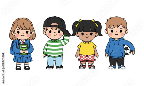 Cute diverse kids standing together, school children holding books and soccer ball, childhood friendship, casual clothing, happy kids, back to school
