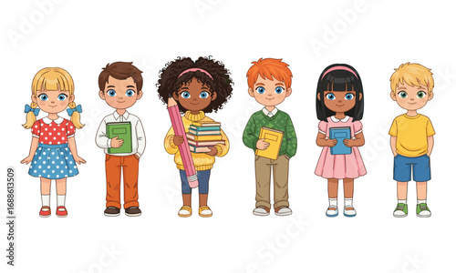 Group of diverse children standing in colorful clothes, holding books and pencil, happy school kids, education, learning, back to school
